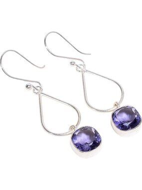 Iolite Cushion Cut Natural Gemstone Dangle Earrings 10x10mm 925 Silver